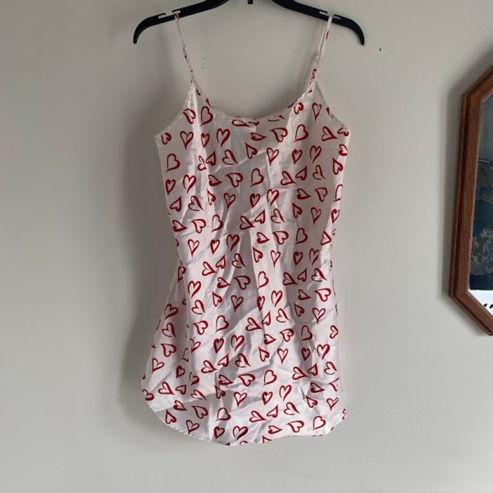 Basic Editions White Red‎ Heart Print Satin Chemise Nightgown Womens Medium